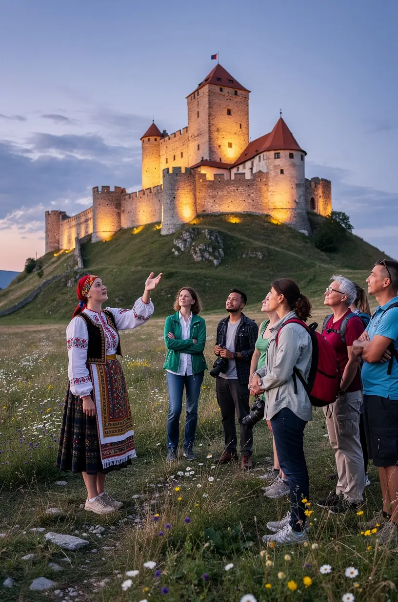 Pohľad na historickú mestskú štvrť s tradičnými slovenskými domami a katedrálou v pozadí počas denného svetla.