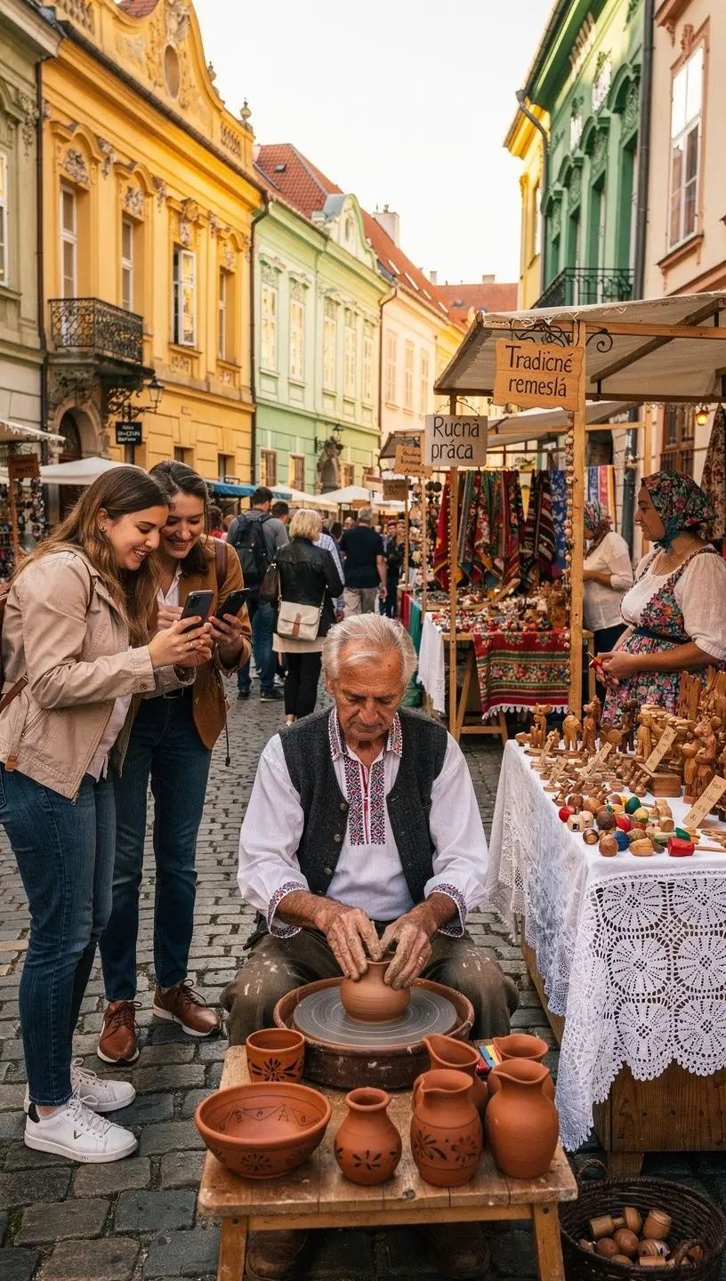 Turisti prechádzajúci sa po dláždenej ulici vedúcej k významnej kultúrnej pamiatke so sprievodcom vysvetľujúcim jej históriu.